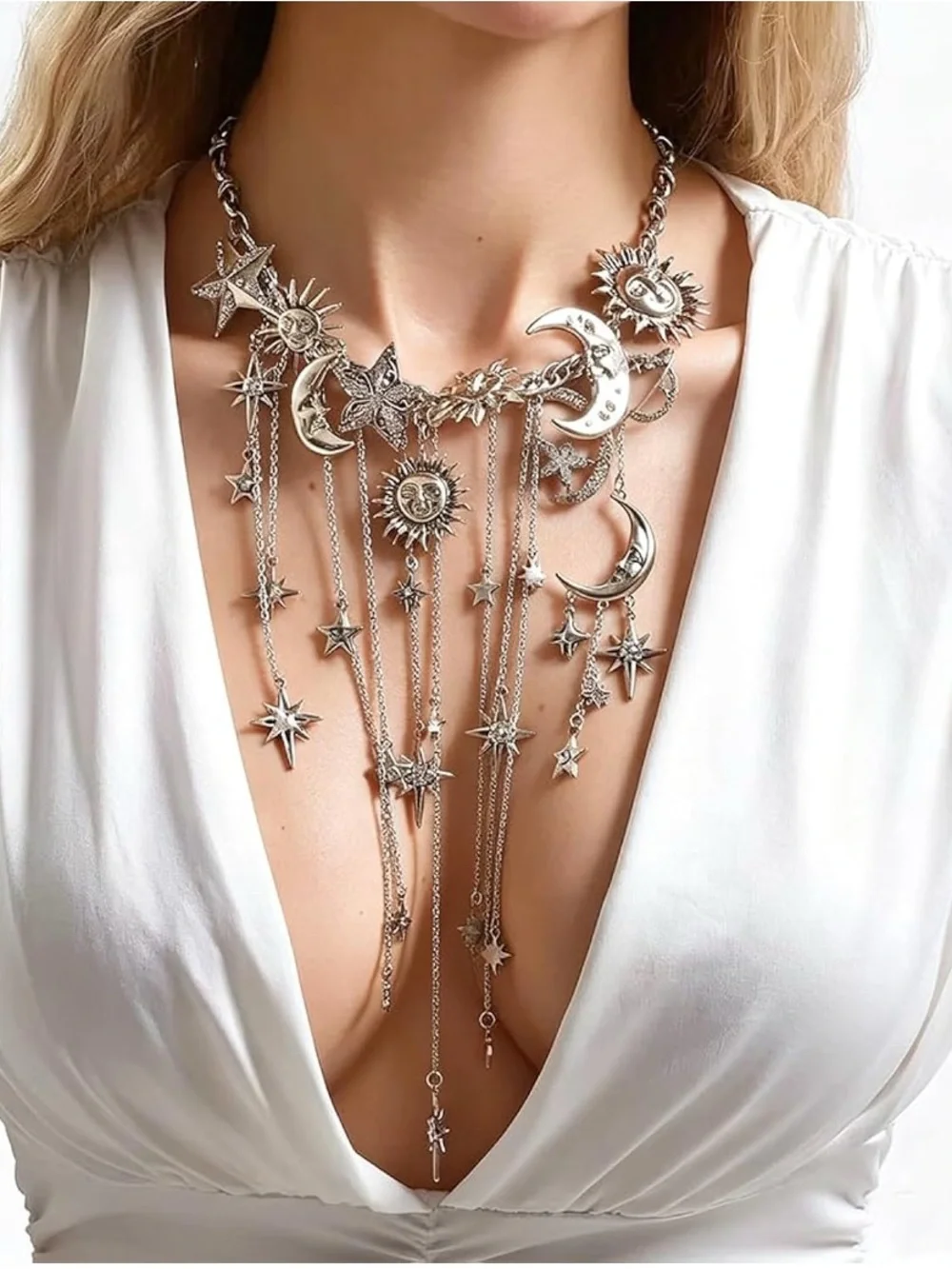 Celestial Silver and Gold Statement Necklace - Star & Moon